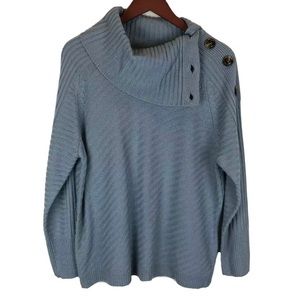 PINA ROSSI Buttoned Cowl Sweater Womens Petite Medium Knit Light Blue Cozy